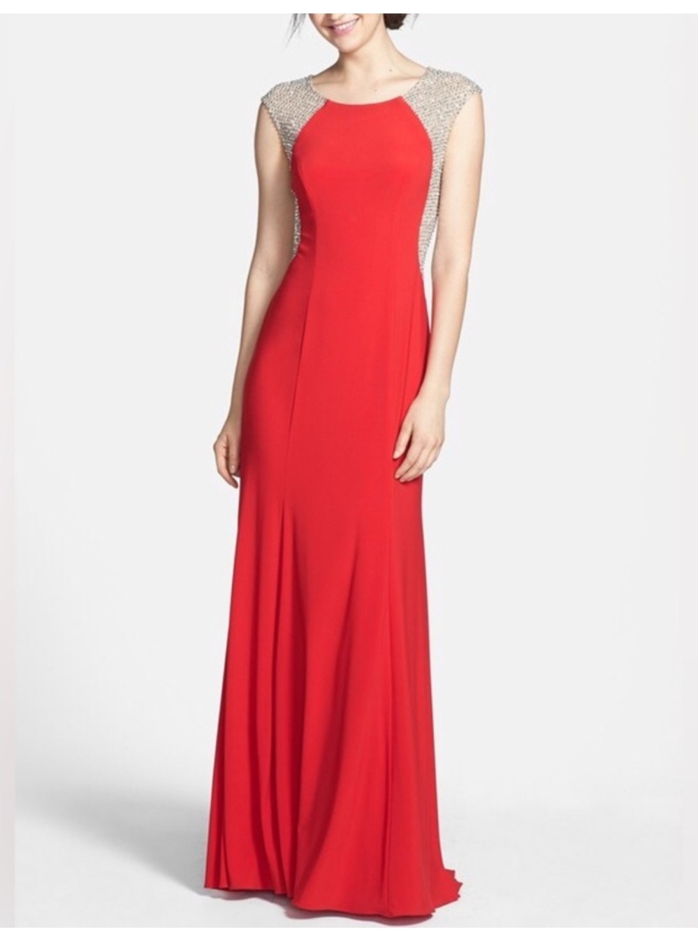 Xscape Red Evening Maxi Gown with Silver Embellished Shoulders